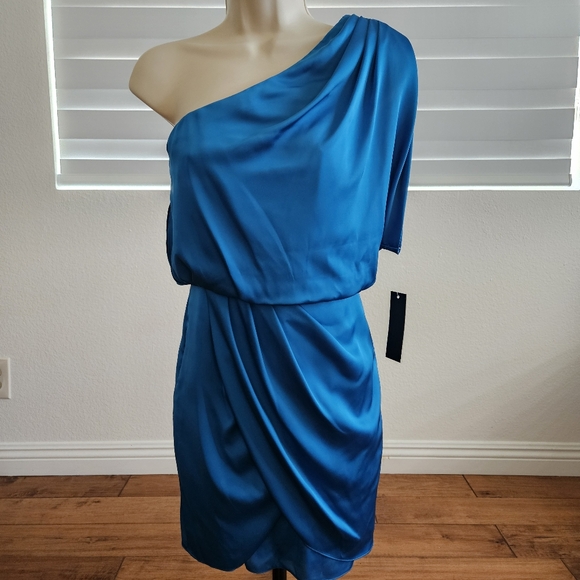 Aqua Dresses & Skirts - Aqua Blue Satin One Shoulder Dress
